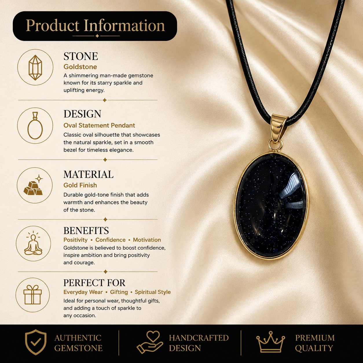Aureon Midnight Goldstone Pendant – Confidence & Ambition Gemstone Necklace