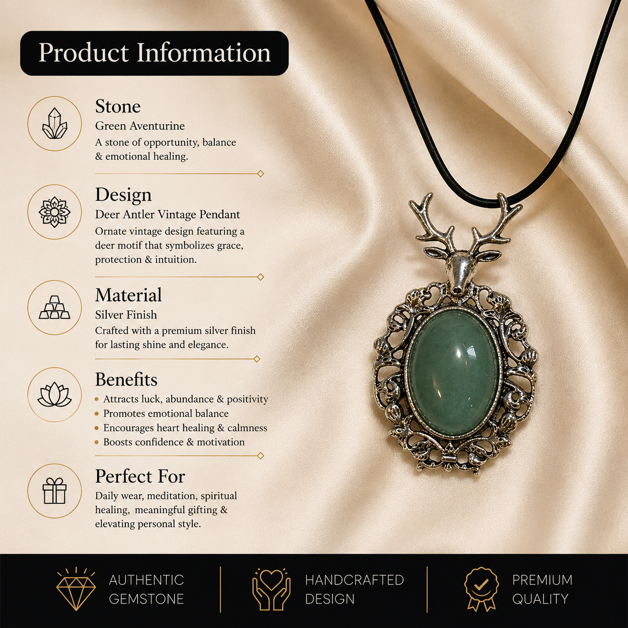 Cervara Green Aventurine Deer Pendant – Prosperity & Grace Symbol
