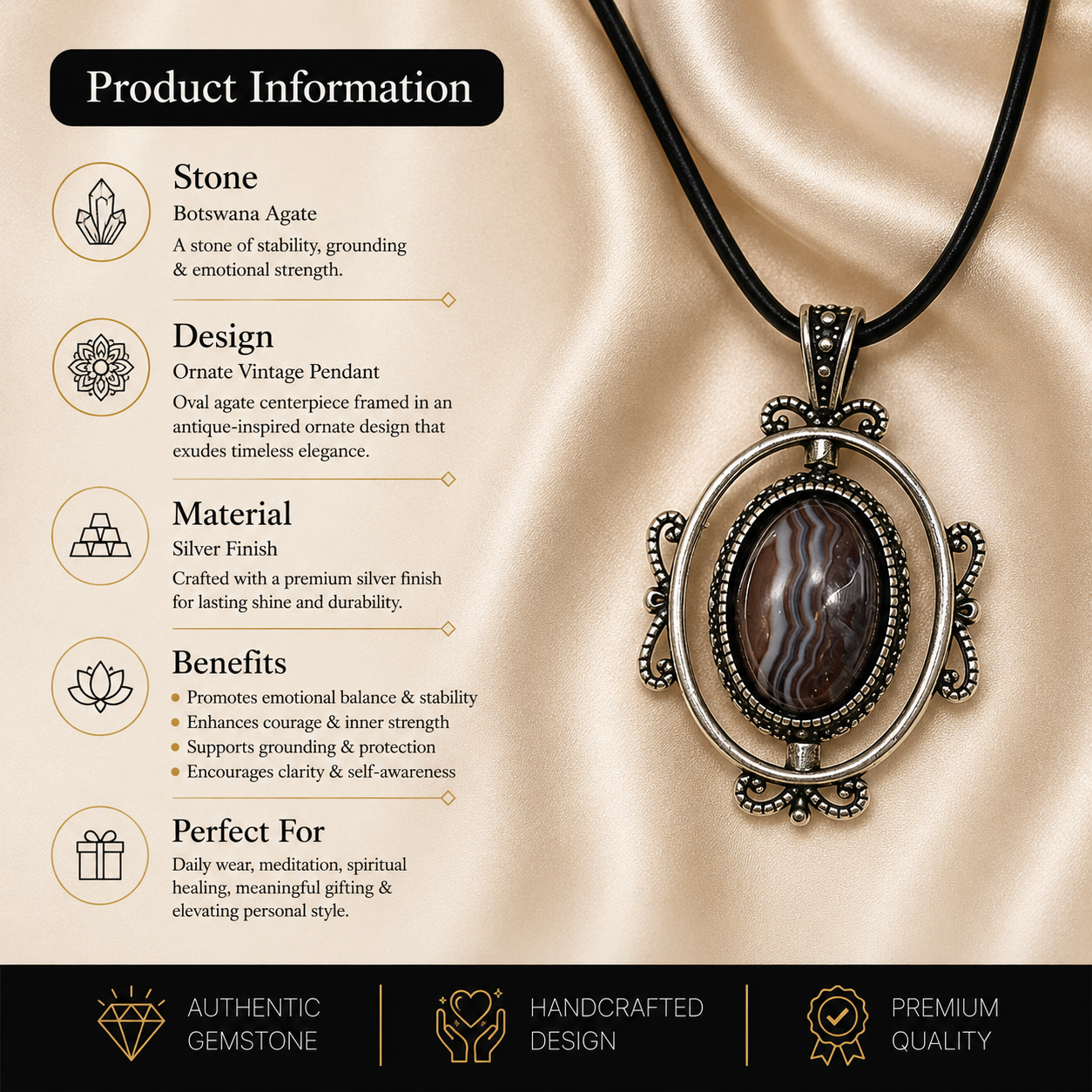 Aurestrix Botswana Agate Pendant – Stability & Inner Strength Symbol