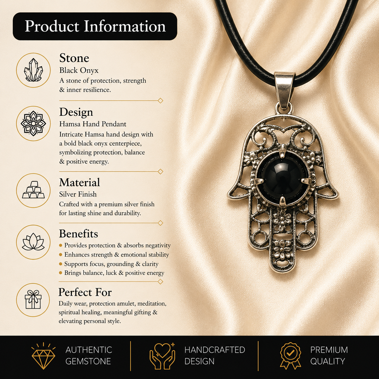 Aureguard Black Onyx Hamsa Pendant – Protection & Grounding Symbol