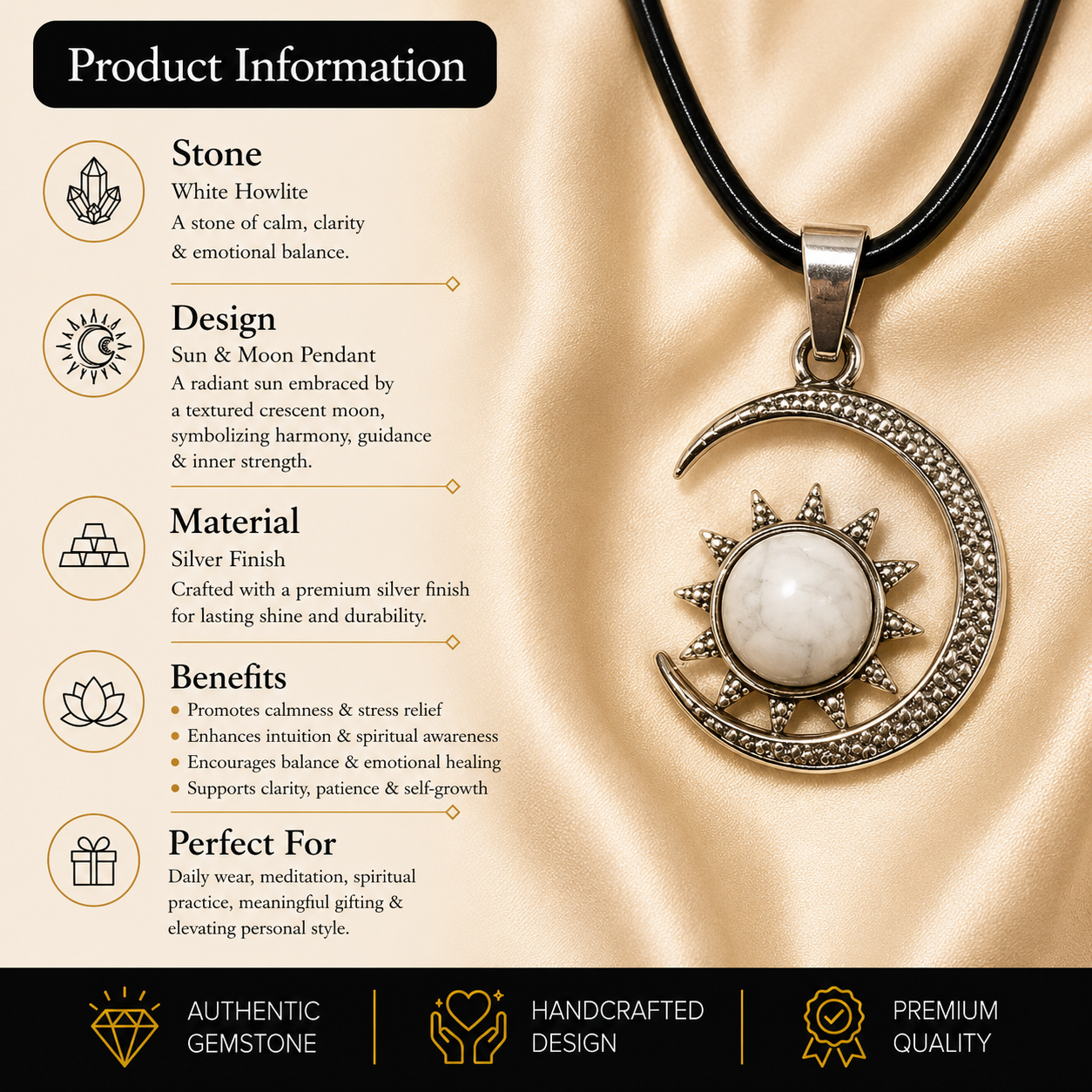 Aureluna Howlite Moon & Sun Pendant – Peace & Spiritual Balance Symbol