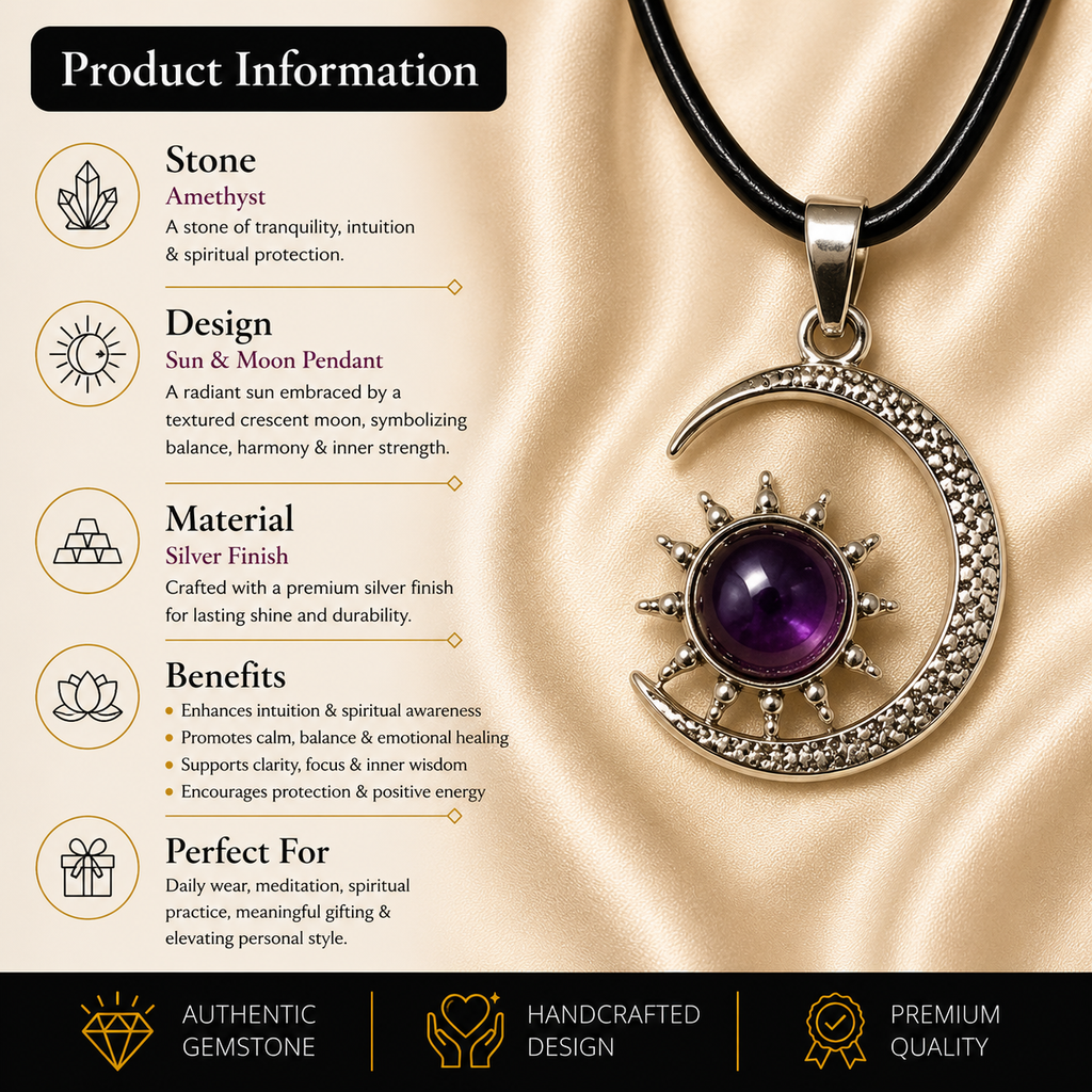 Aureliah Amethyst Moon & Sun Pendant – Wisdom & Spiritual Harmony Symbol