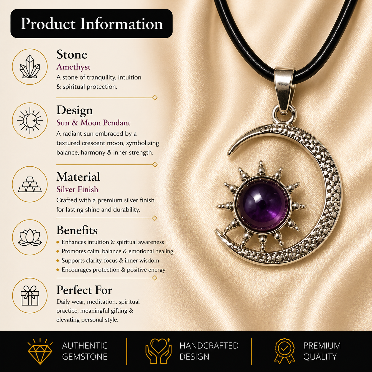 Aureliah Amethyst Moon & Sun Pendant – Wisdom & Spiritual Harmony Symbol