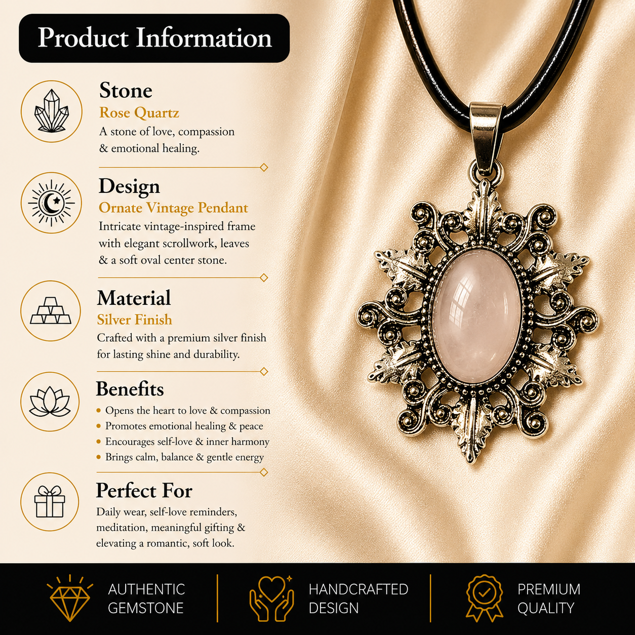 Aurielle Rose Quartz Pendant – Love & Emotional Harmony Symbol
