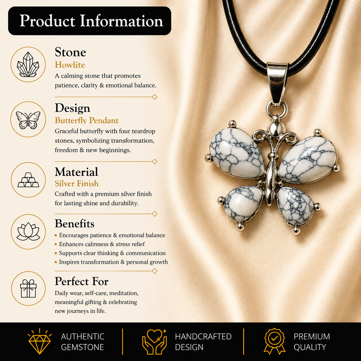 Aurelia Howlite Butterfly Pendant – Calmness, Clarity & Grace Symbol