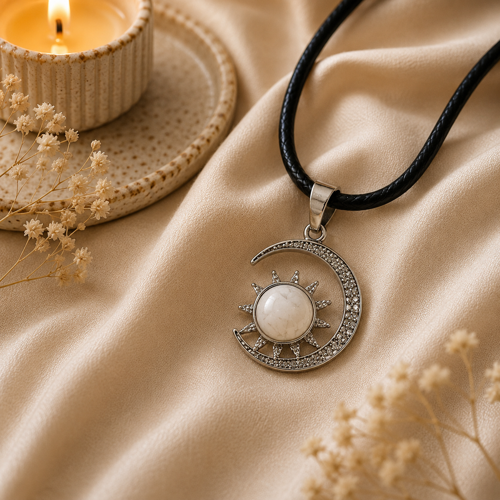 Aureluna Howlite Moon & Sun Pendant – Peace & Spiritual Balance Symbol