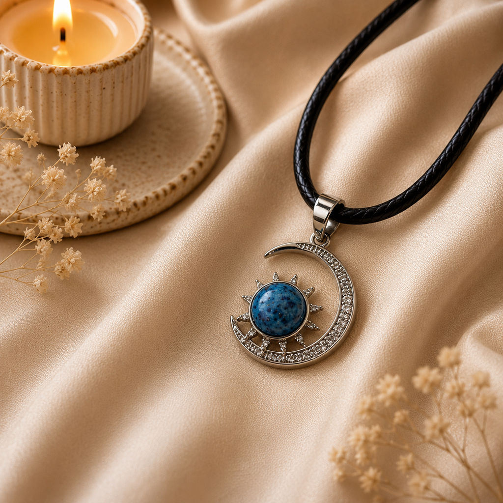 Aurezura Blue Howlite Moon & Sun Pendant – Clarity & Inner Peace Symbol