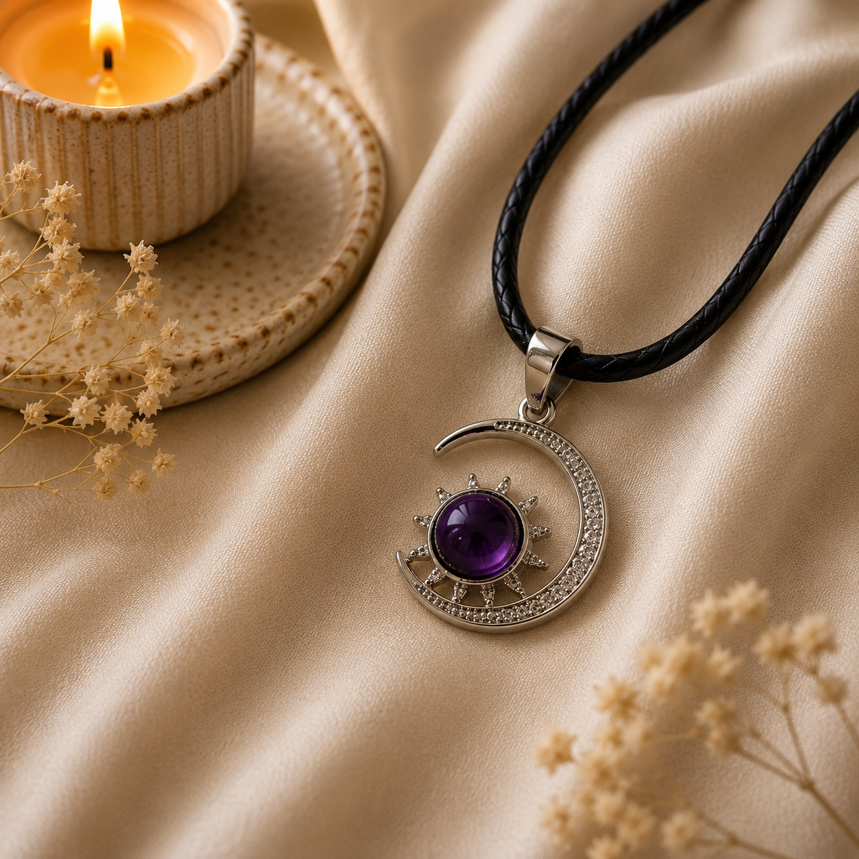 Aureliah Amethyst Moon & Sun Pendant – Wisdom & Spiritual Harmony Symbol
