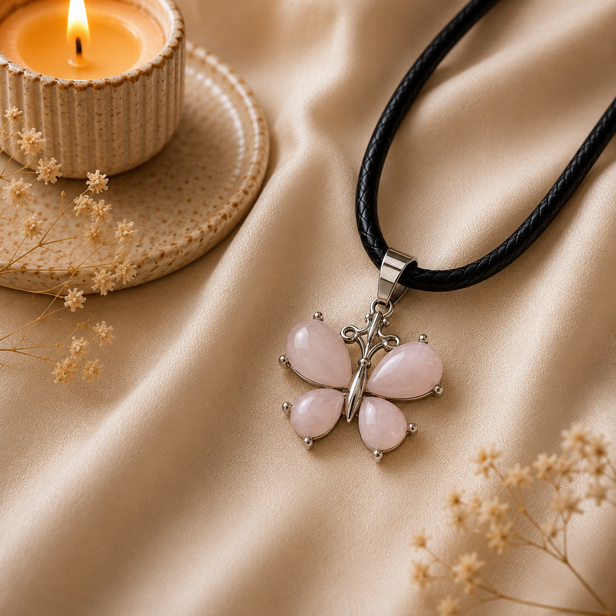 Aurelia Rose Quartz Butterfly Pendant – Love, Transformation & Grace Symbol