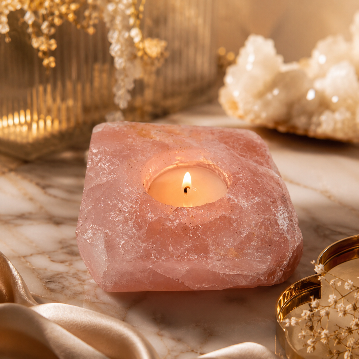 Roselle Rose Quartz Candle Holder – Love & Serenity Accent (548 gm)