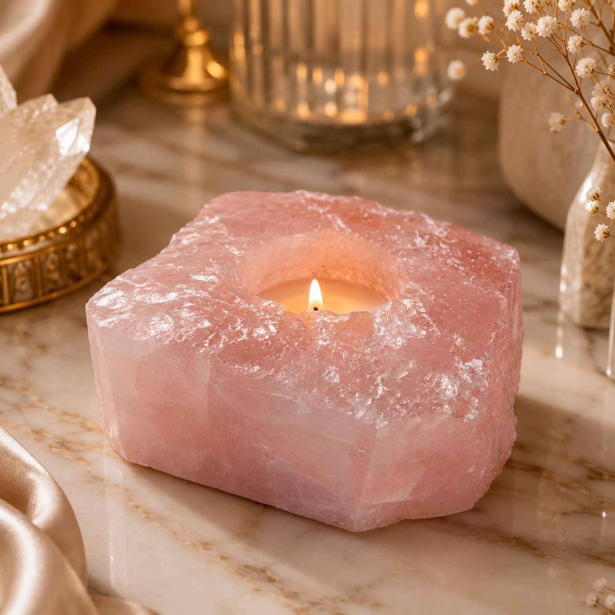 Roselle Rose Quartz Candle Holder – Love & Serenity Accent (548 gm)