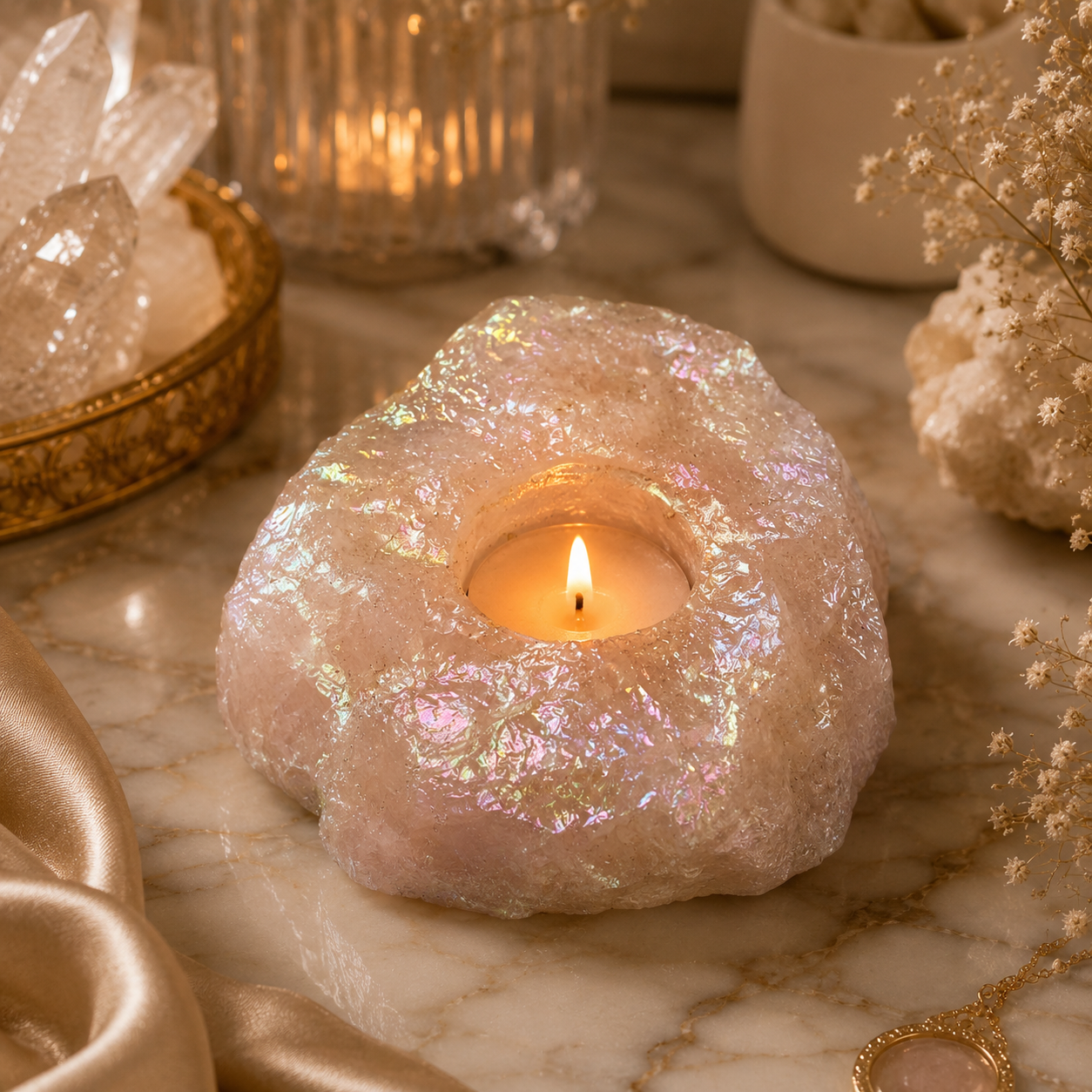 Aurora Aura Quartz Candle Holder – Radiance & Tranquility Accent (538 gm)