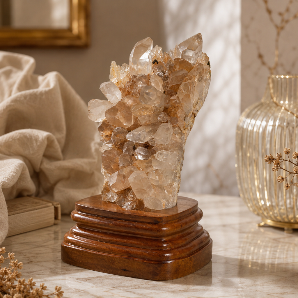 Aurevora Golden Quartz Crystal Cluster – Prosperity & Radiant Energy Décor | 5.4 Inch, 674 gm
