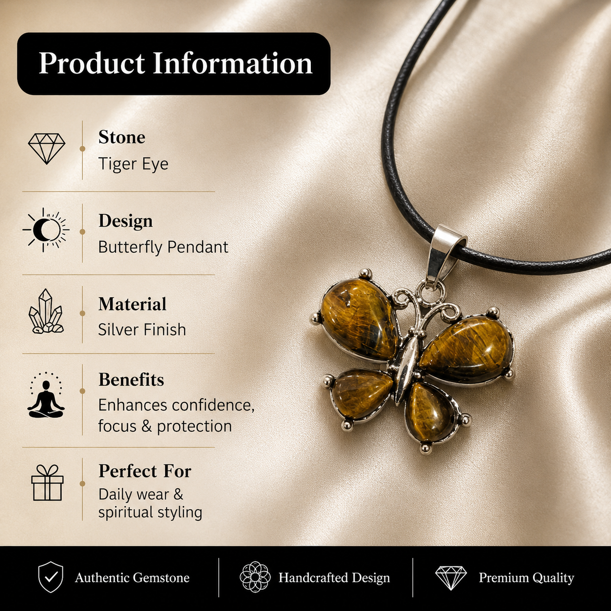 Auravelle Tiger Eye Butterfly Crystal Pendant – Courage & Transformation Symbol (15 gm)