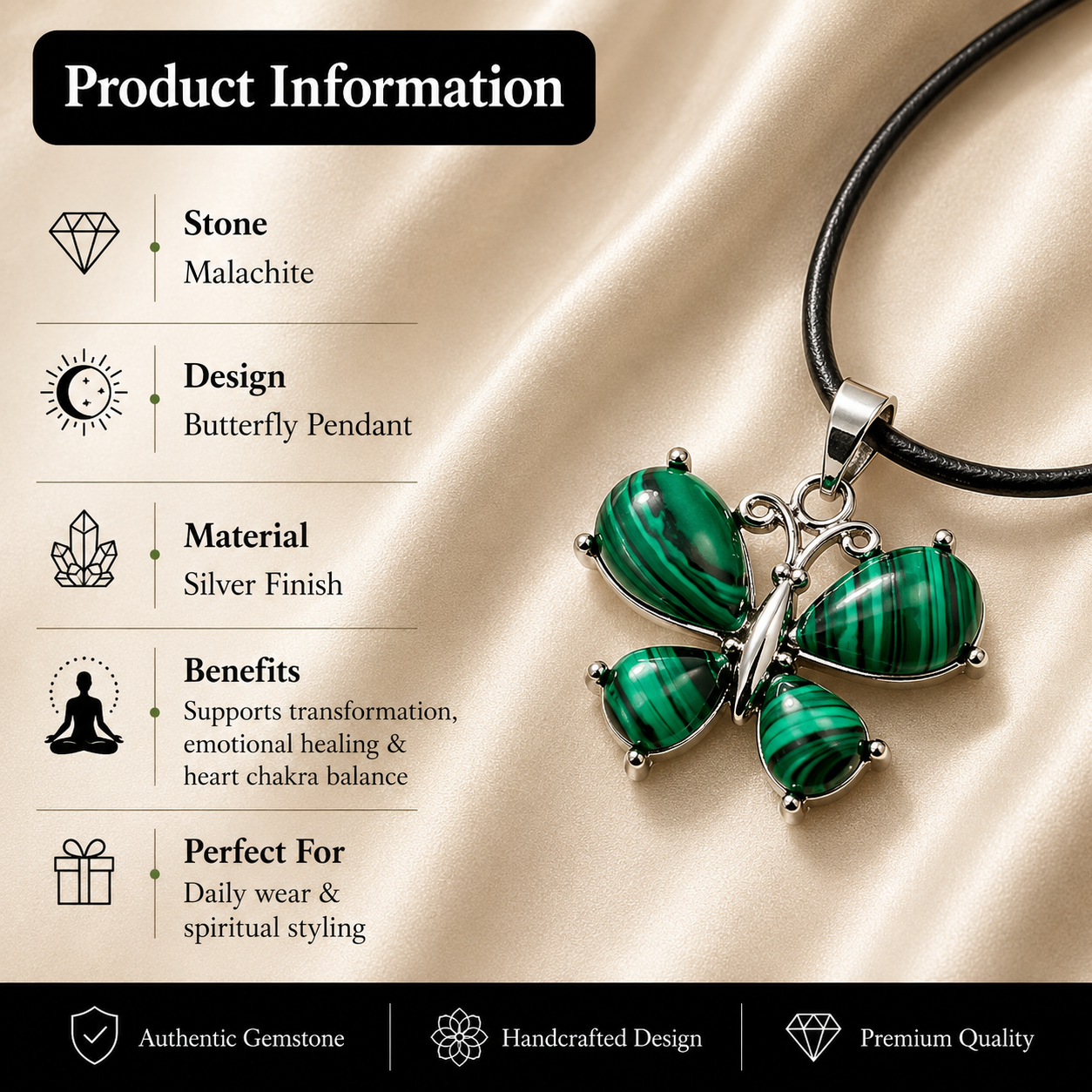 Malachivra Malachite Butterfly Crystal Pendant – Protection & Transformation Symbol (15 gm)