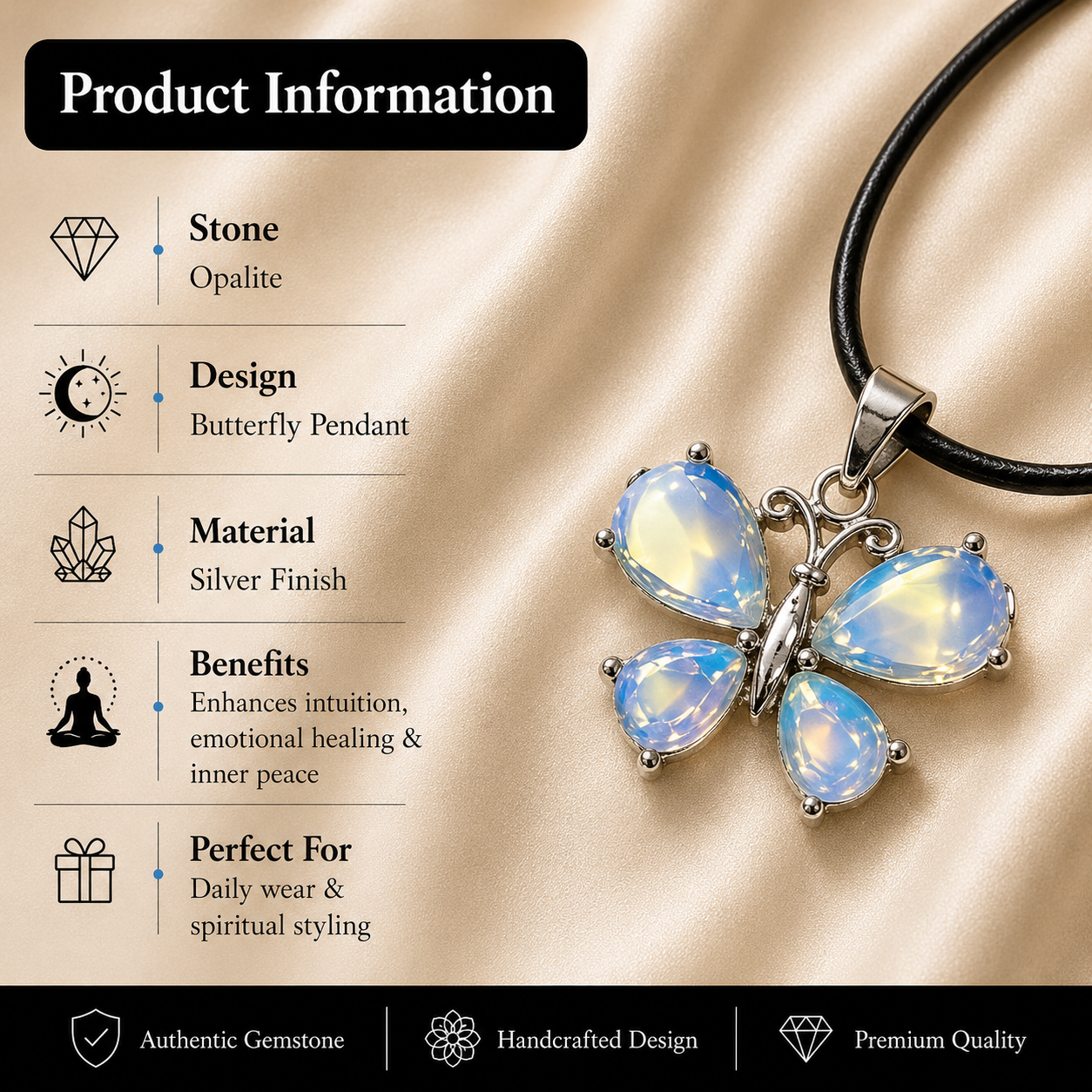 Lunavelle Opalite Butterfly Crystal Pendant – Serenity & Intuition Symbol (15 gm)