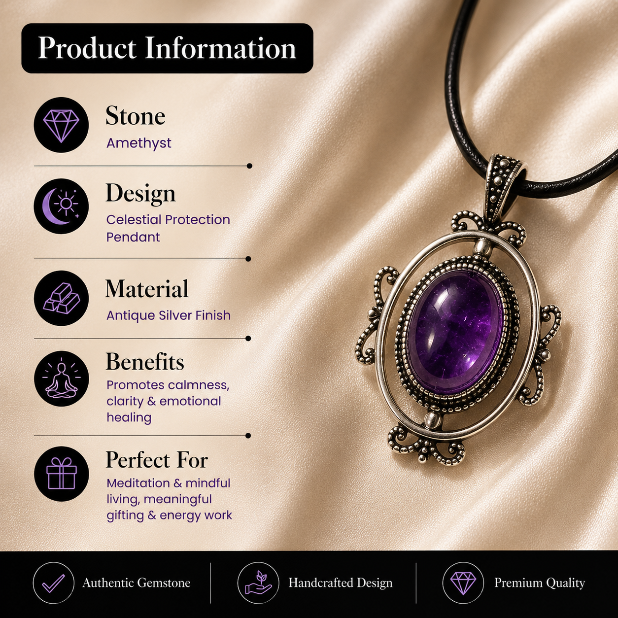 Amethyst Crystal Pendant – Calmness & Spiritual Protection Symbol (20 gm)