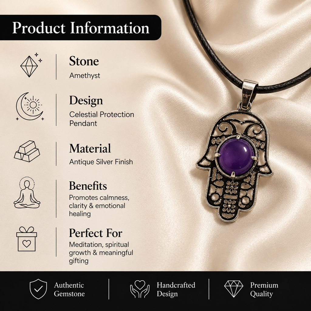Amethra Hamsa Amethyst Protection Pendant – Calmness & Spiritual Balance Symbol (10 gm)