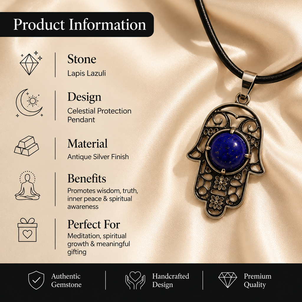 Lazurielle Lapis Lazuli Hamsa Protection Pendant – Wisdom & Truth Symbol (10 gm) Product Description