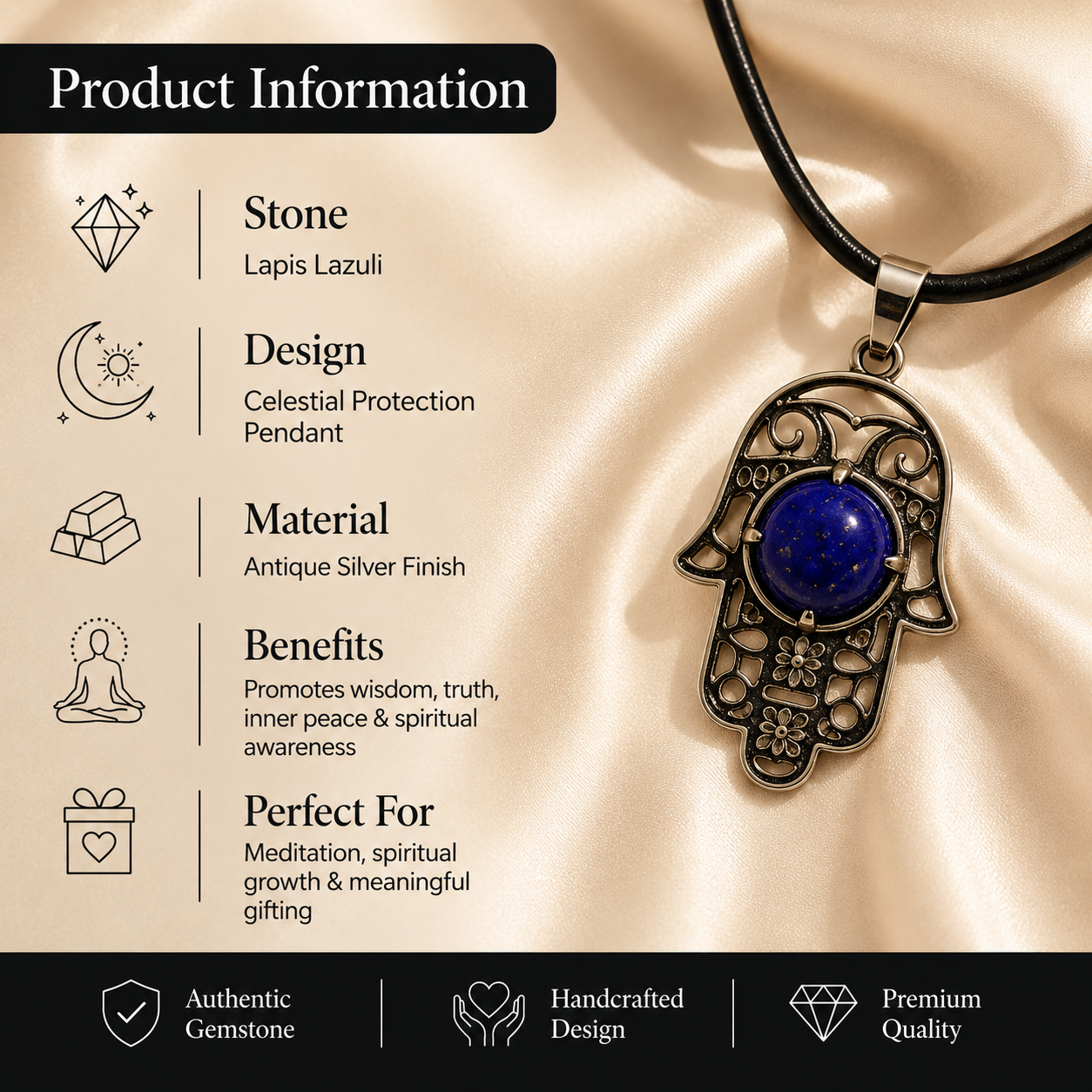 Lazurielle Lapis Lazuli Hamsa Protection Pendant – Wisdom & Truth Symbol (10 gm) Product Description