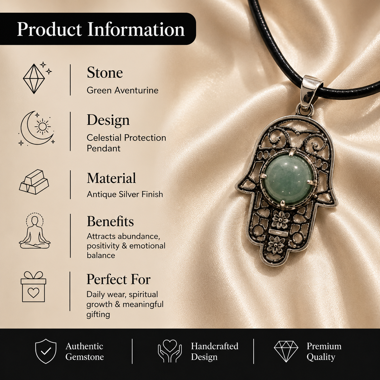 Verdelune Green Aventurine Hamsa Protection Pendant – Prosperity & Harmony Symbol (10 gm)