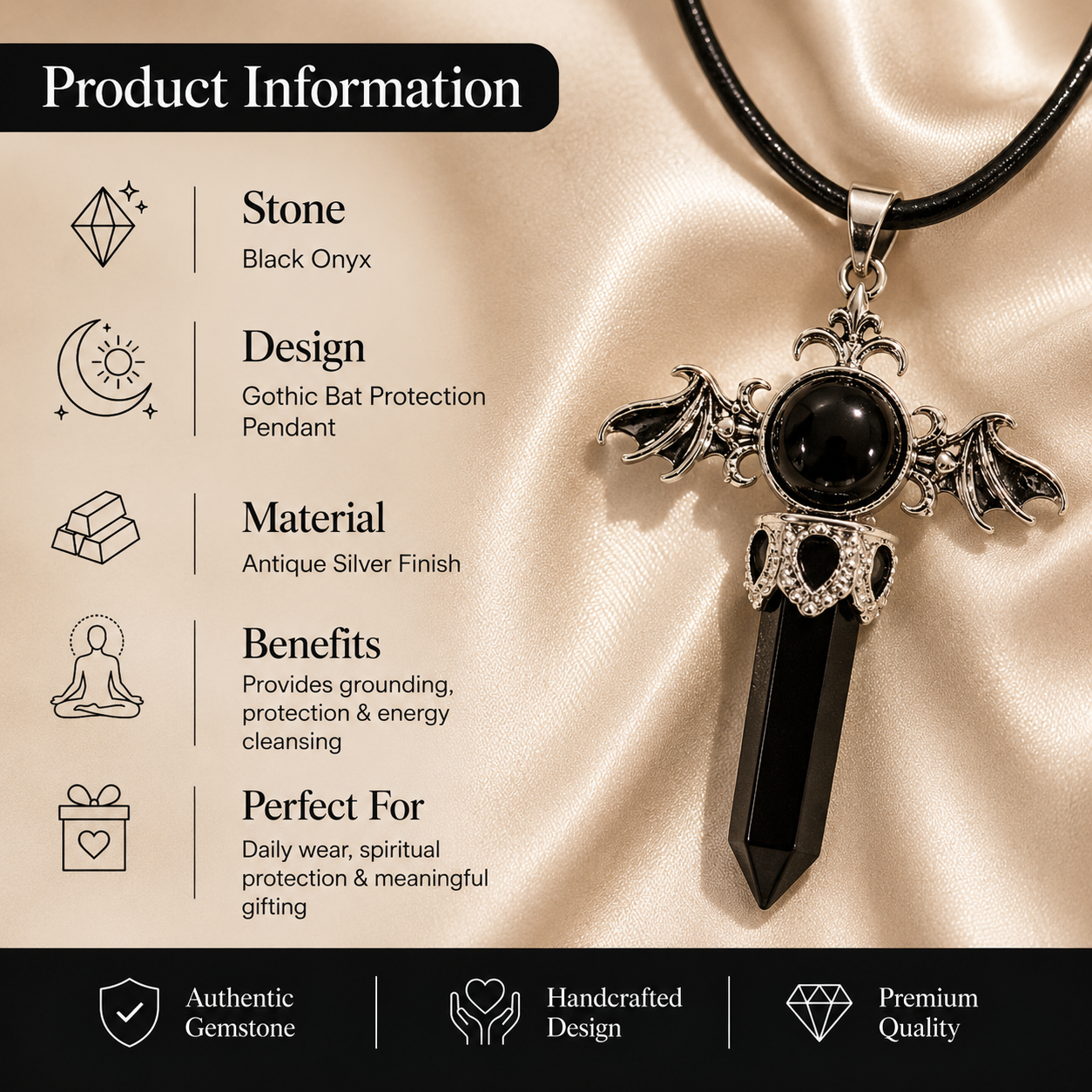 Nocturique Black Obsidian Crystal Pendant – Protection & Grounding Symbol (20 gm)