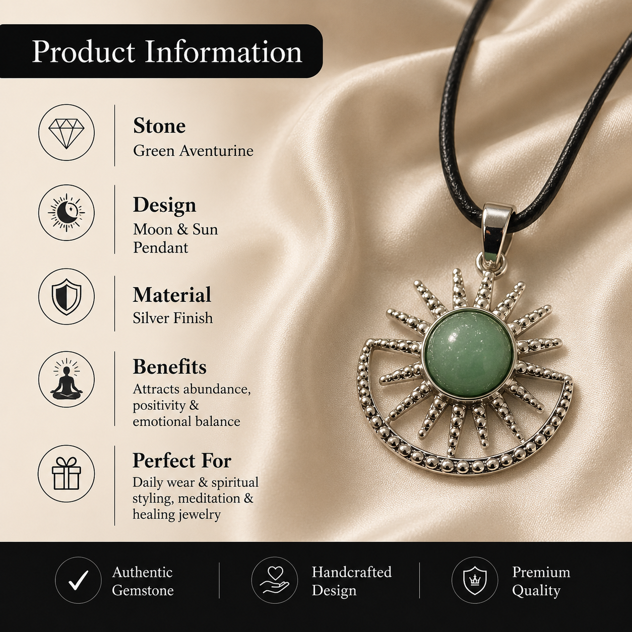 Verdelune Amethyst Energy Pendant – Green Aventurine Celestial Necklace, Prosperity & Harmony Symbol (15 gm)