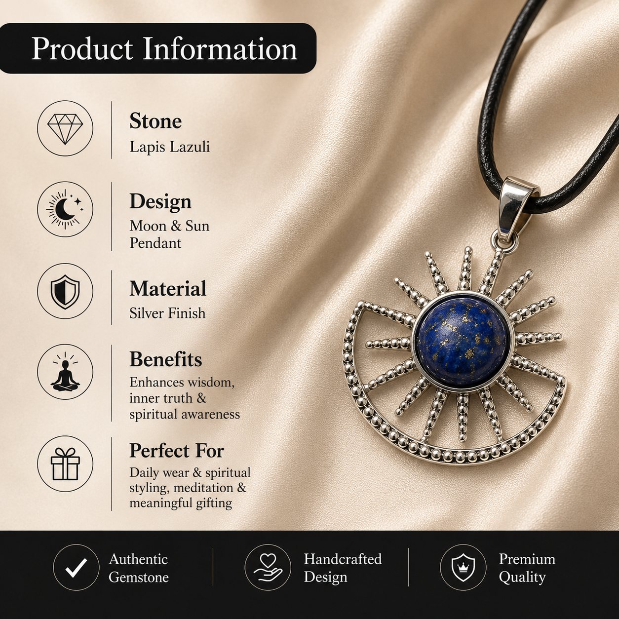 Azurielle Amethyst Energy Pendant – Lapis Lazuli Celestial Necklace, Wisdom & Protection Symbol (15 gm)