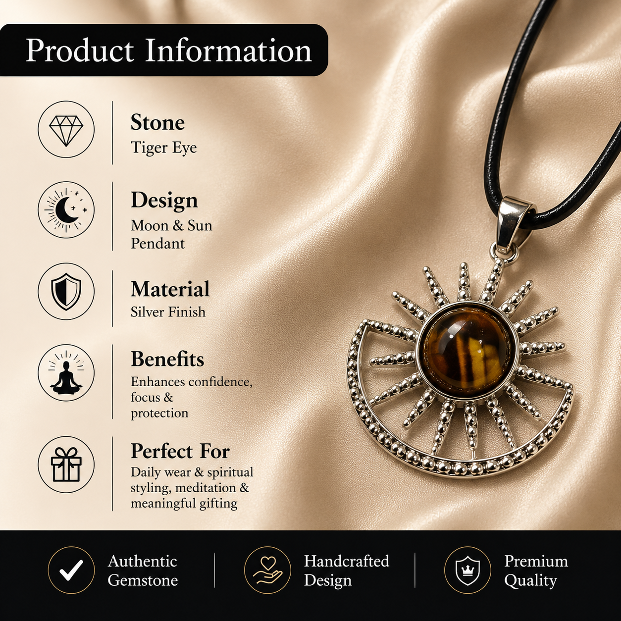 Solvique Amethyst Energy Pendant – Tiger Eye Celestial Necklace, Strength & Confidence Symbol (15 gm)