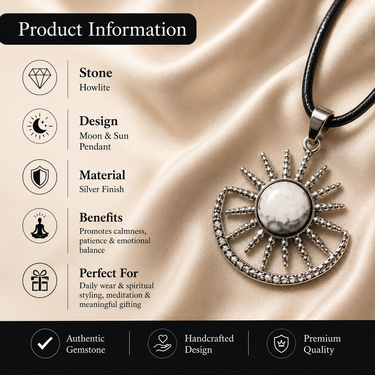 Celestique Amethyst Energy Pendant – White Howlite Celestial Necklace, Peace & Clarity Symbol (15 gm)