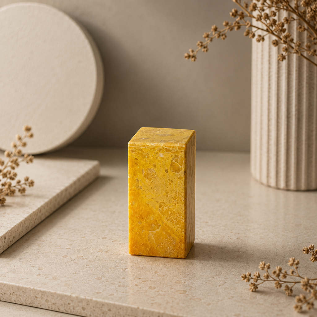 Zelmira Amethyst Carving Block Décor – Yellow Calcite Crystal Accent, Positivity & Joy Symbol (140 gm)