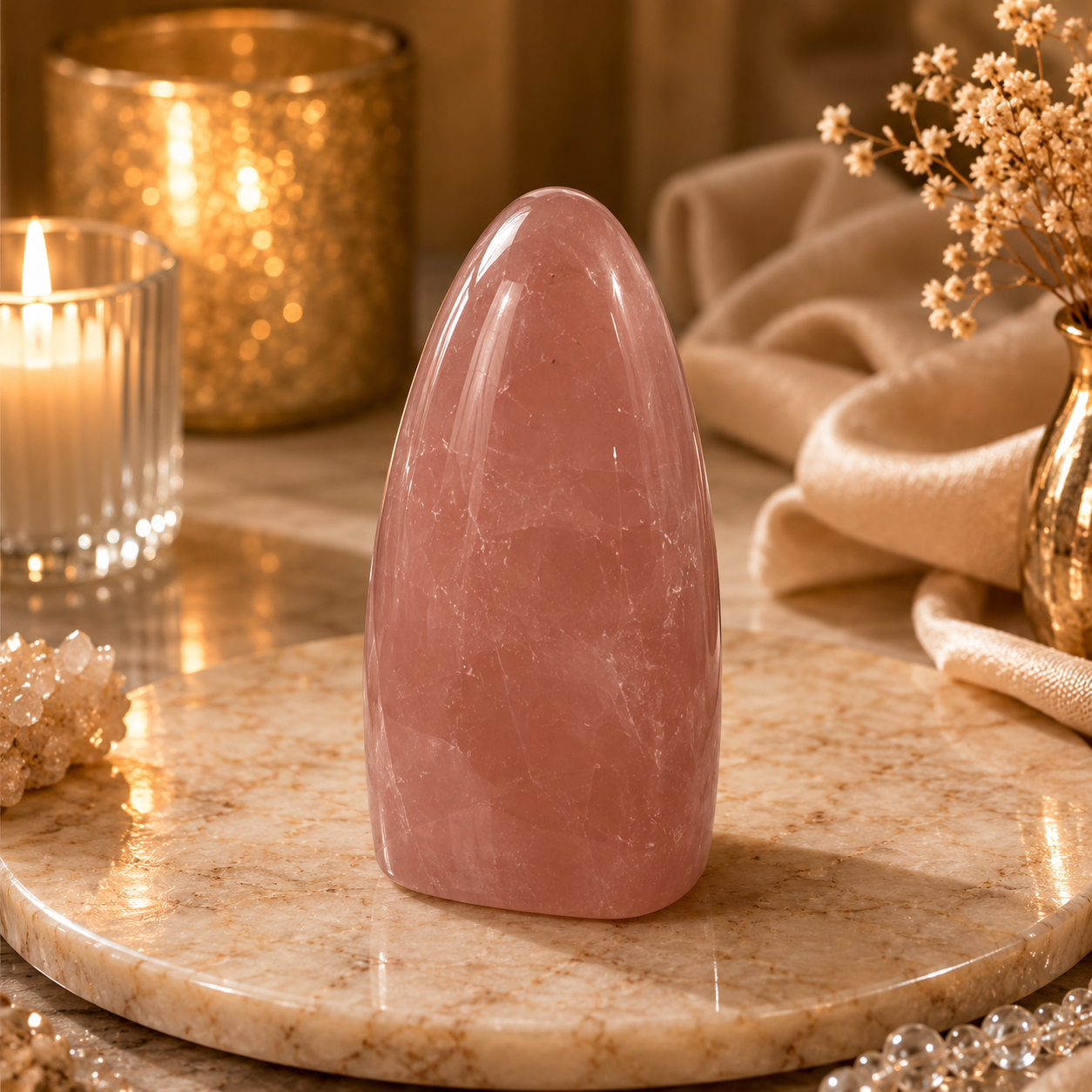 Roselume Rose Quartz Freeform Crystal Décor – Love & Harmony Symbol