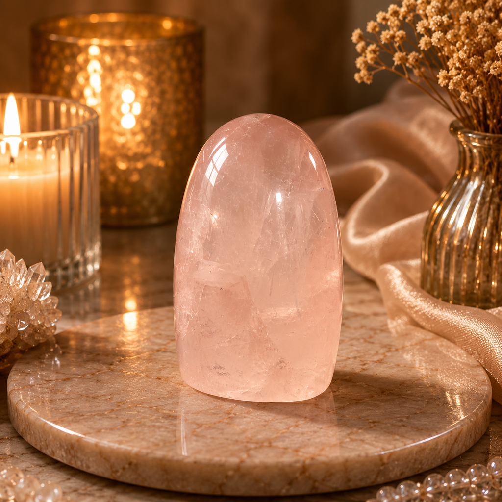 Rosavera Rose Quartz Freeform Crystal Décor – Love & Serenity Symbol