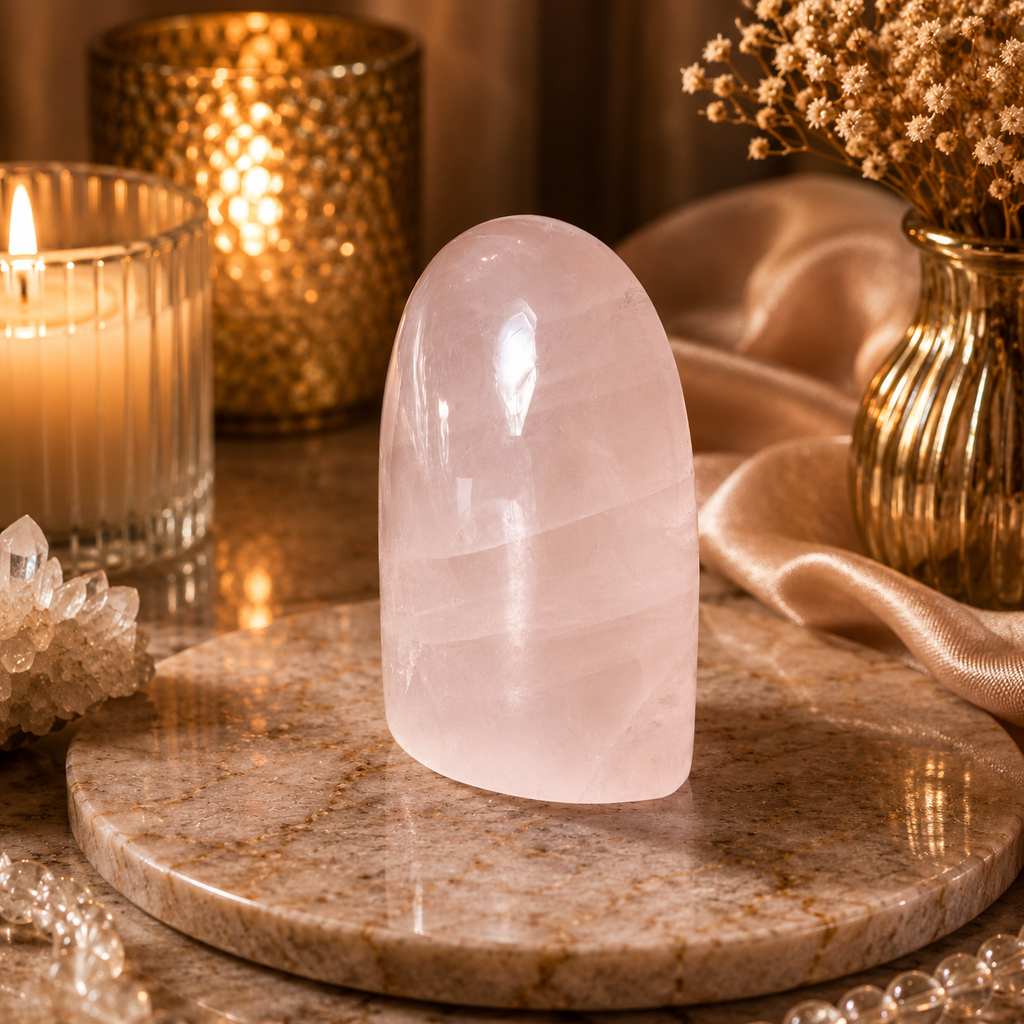 Roselume Rose Quartz Freeform Crystal Décor – Harmony & Love Symbol