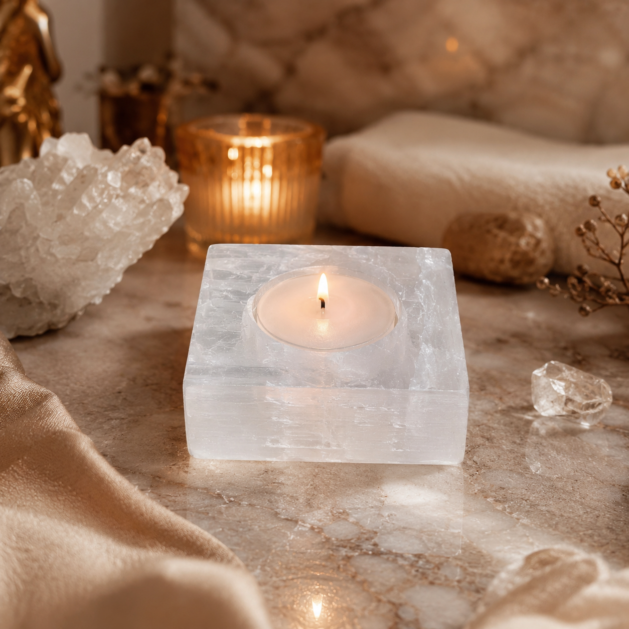 Selenora White Selenite Crystal Candle Holder – Purity & Calm Symbol