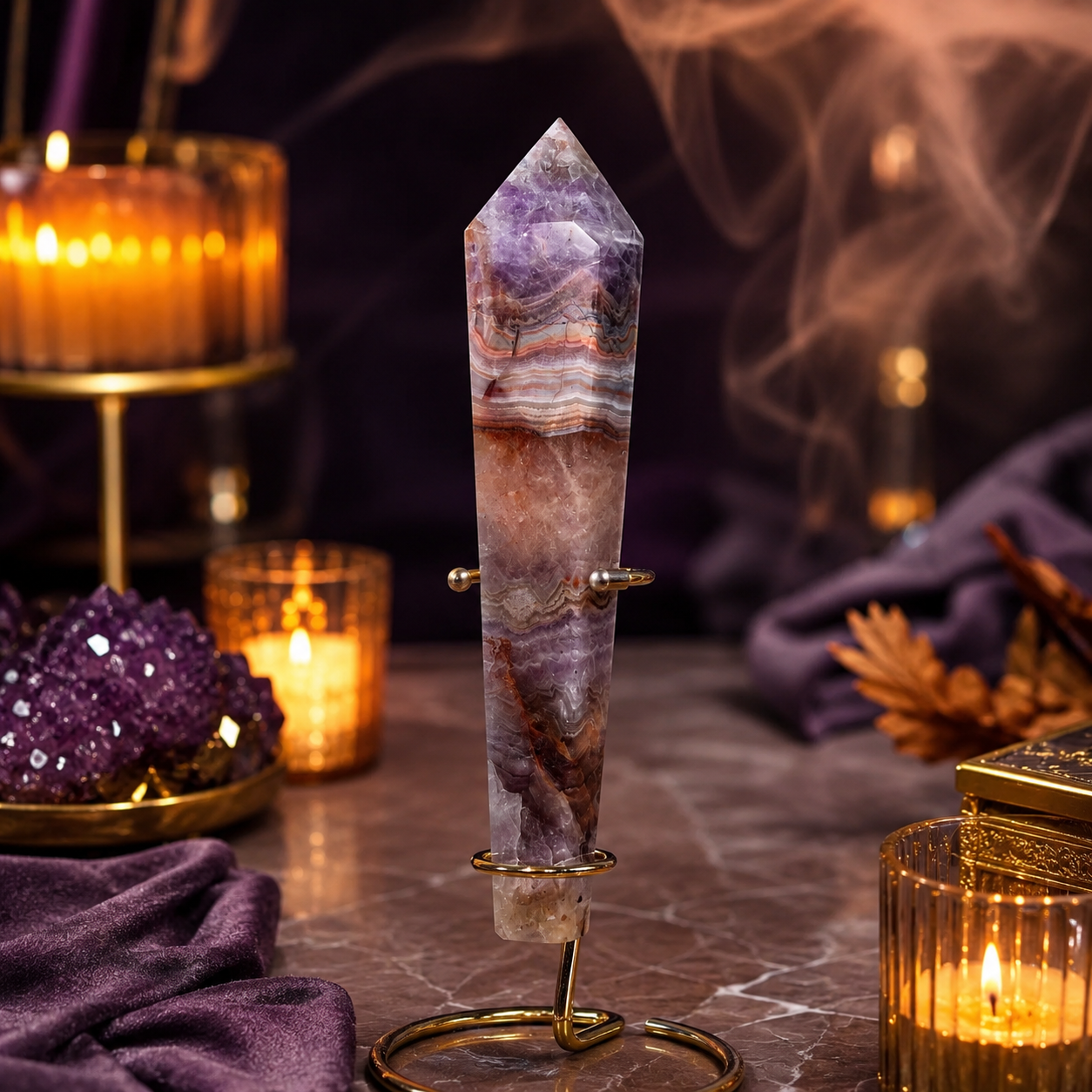 Amethoria Chevron Amethyst Crystal Tower Décor – Clarity & Harmony Symbol