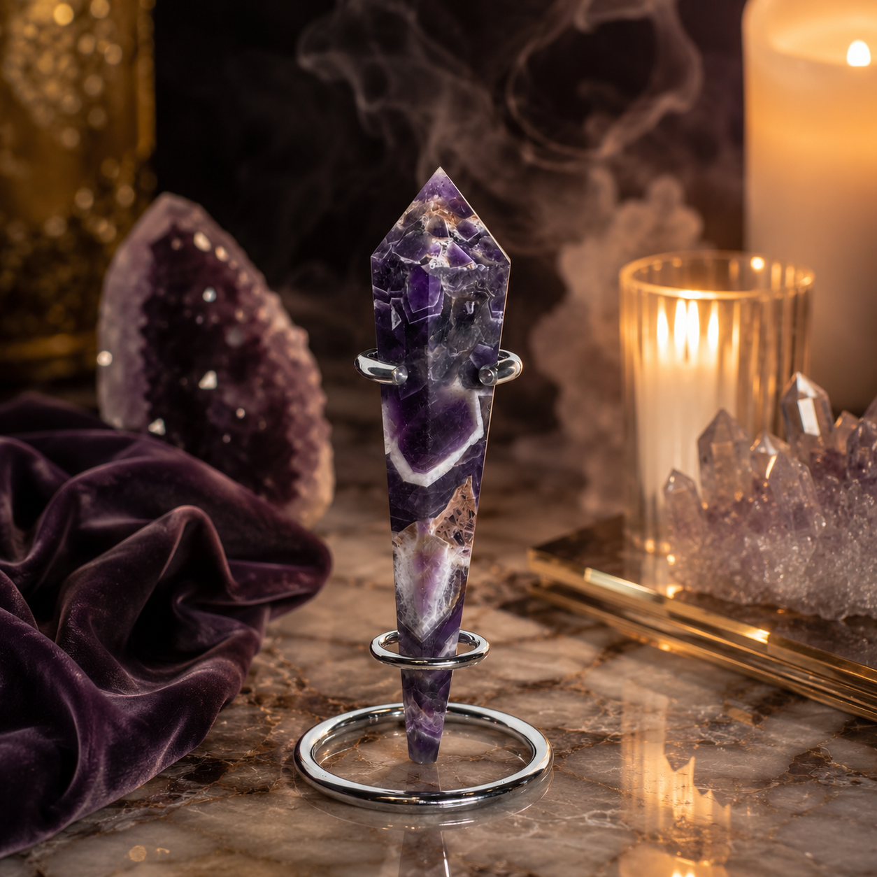 Amethoria Chevron Amethyst Crystal Tower Décor – Intuition & Harmony Symbol