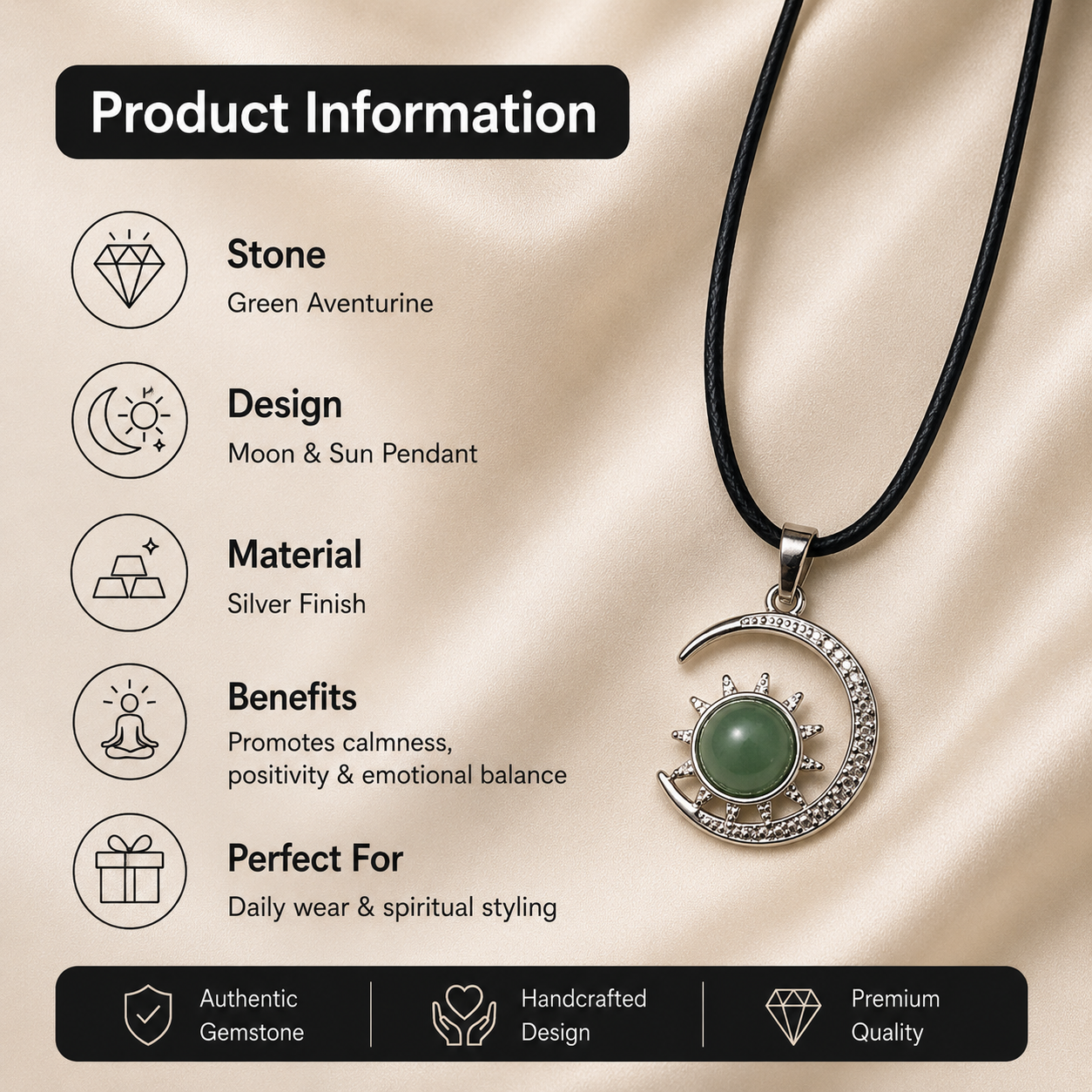 Lunavelle Green Aventurine Moon Pendant – Celestial Harmony Necklace, Luck & Prosperity Symbol 20 gm