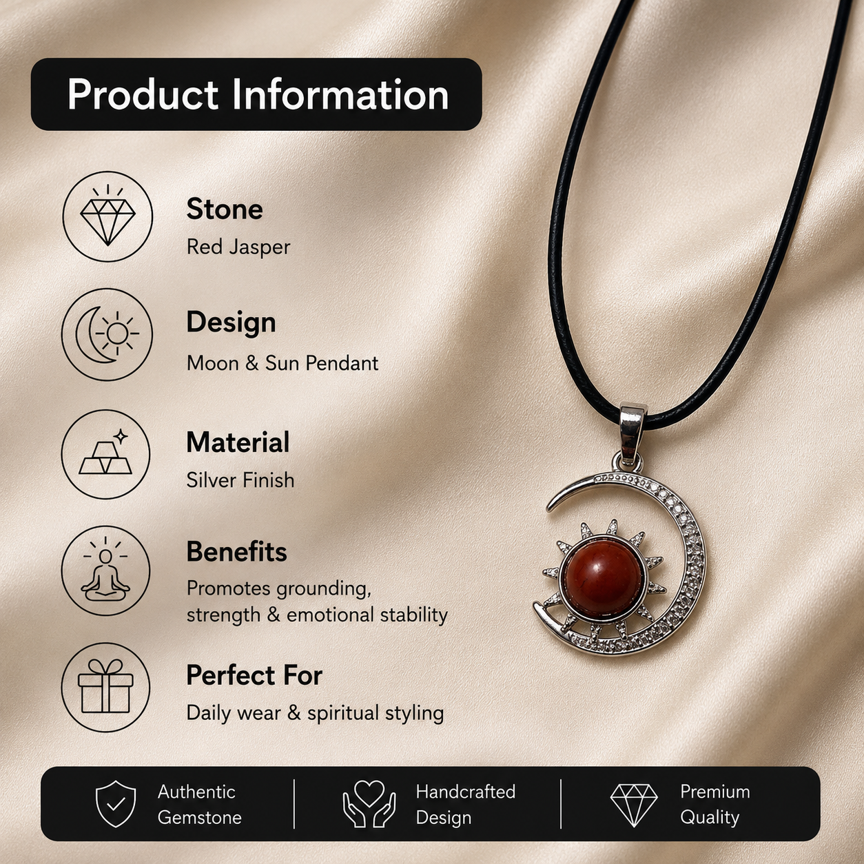 Solunara Red Jasper Moon Pendant – Celestial Vitality Necklace, Strength & Stability Symbol 20 gm