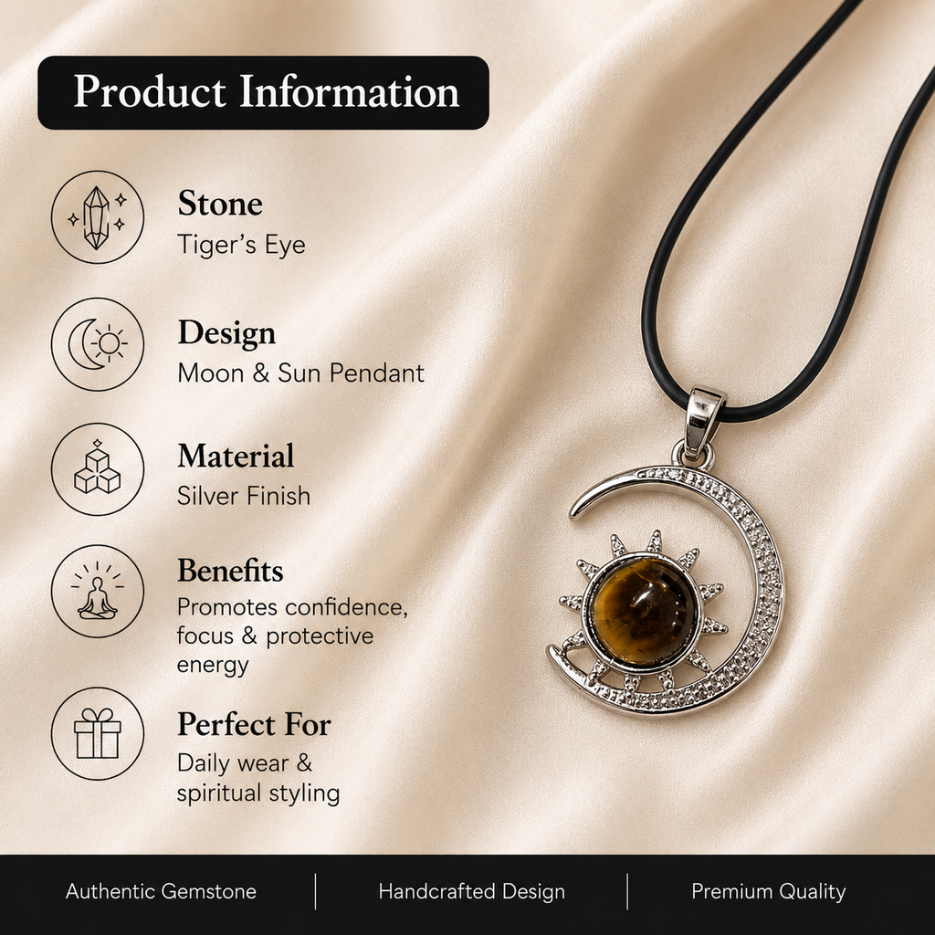 Solvanta Tiger Eye Moon Pendant – Celestial Protection Necklace, Confidence & Focus Symbol 20 gm