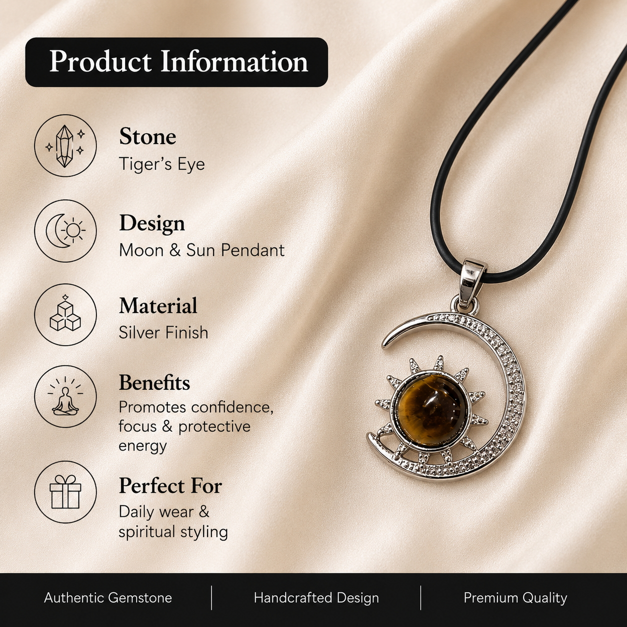 Solvanta Tiger Eye Moon Pendant – Celestial Protection Necklace, Confidence & Focus Symbol 20 gm