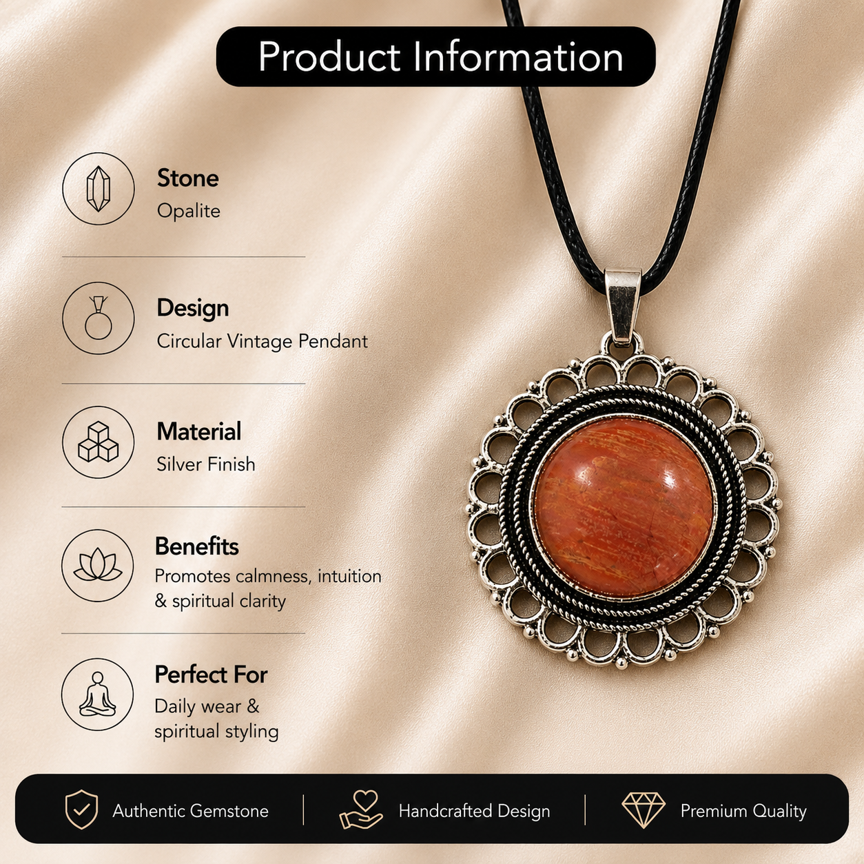 Terralux Red Jasper Crystal Pendant – Vintage Harmony Necklace, Strength & Grounding Symbol 20 gm