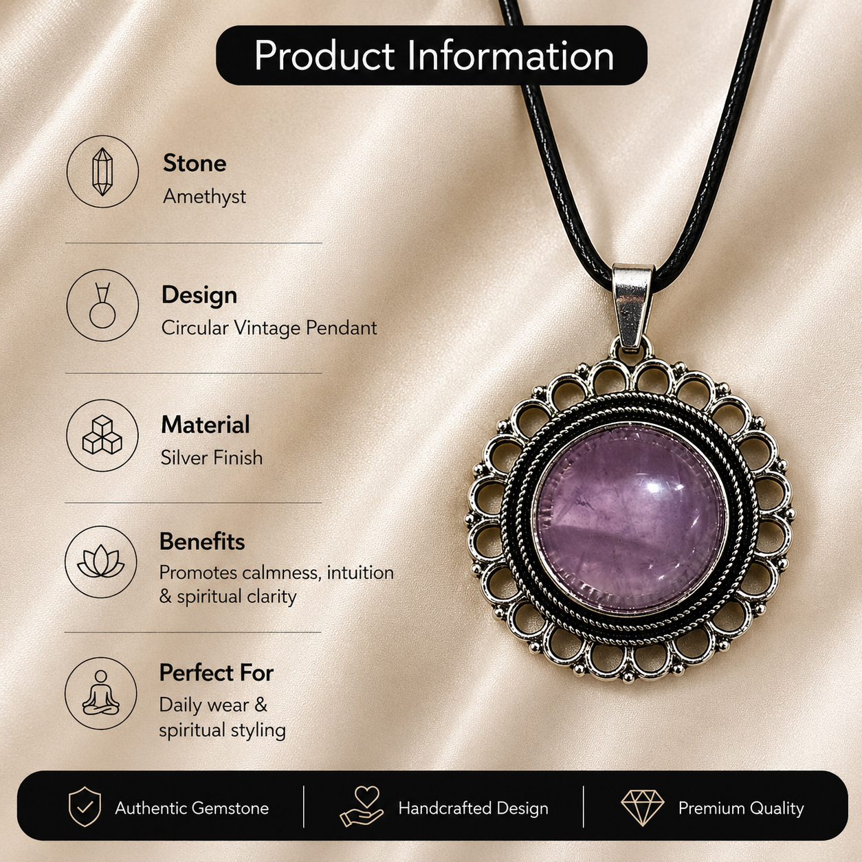 Lavendria Amethyst Crystal Pendant – Vintage Harmony Necklace, Calm & Clarity Symbol 20 gm
