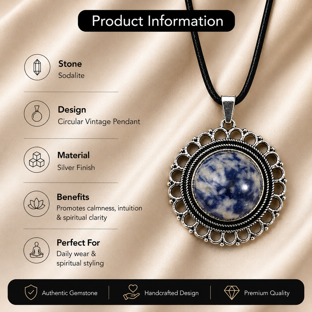 Azurelle Sodalite Crystal Pendant – Vintage Harmony Necklace, Wisdom & Clarity Symbol 20 gm