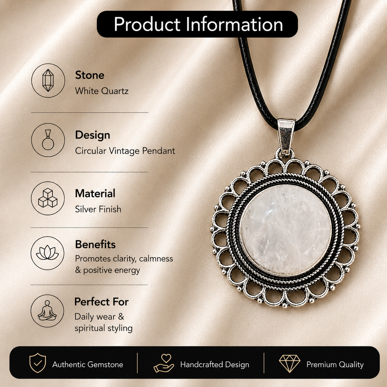 Celestira Clear Quartz Crystal Pendant – Vintage Harmony Necklace, Clarity & Positivity Symbol 20 gm