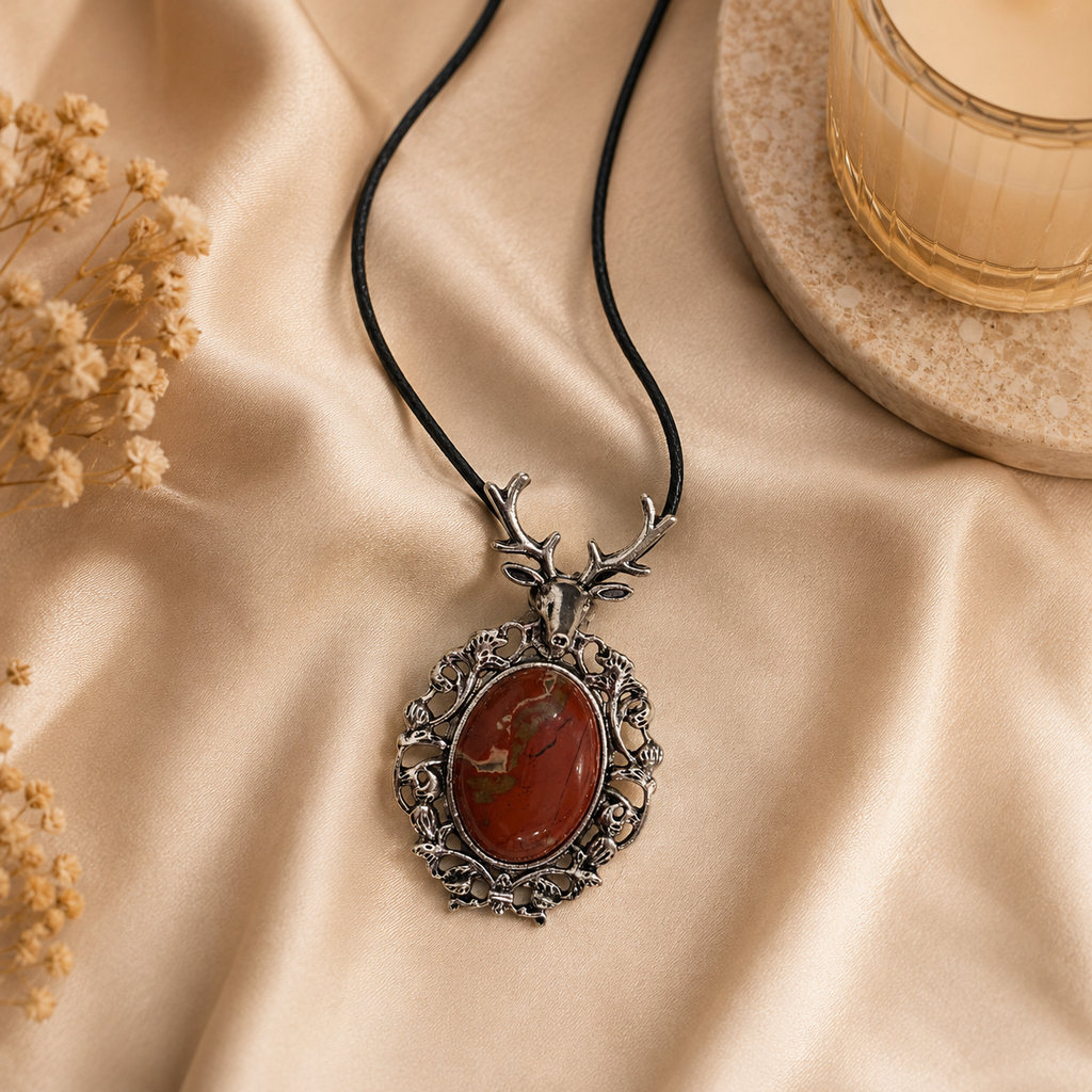 Terranova Red Jasper Crystal Pendant – Vintage Deer Spirit Necklace, Strength & Stability Symbol 25 gm