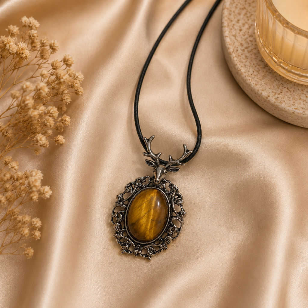 Solvaris Tiger Eye Crystal Pendant – Vintage Deer Spirit Necklace, Confidence & Protection Symbol 20 gm