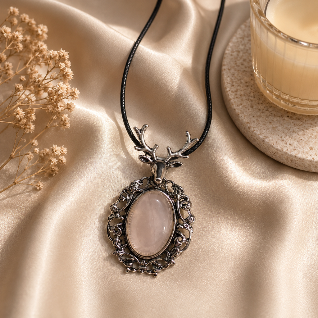 Roselune Rose Quartz Crystal Pendant – Vintage Deer Spirit Necklace, Love & Harmony Symbol 20 gm
