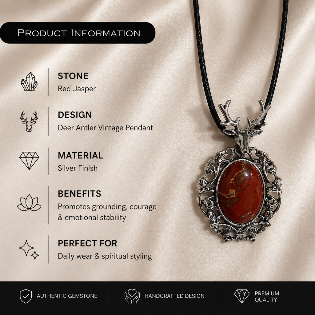 Terranova Red Jasper Crystal Pendant – Vintage Deer Spirit Necklace, Strength & Stability Symbol 25 gm