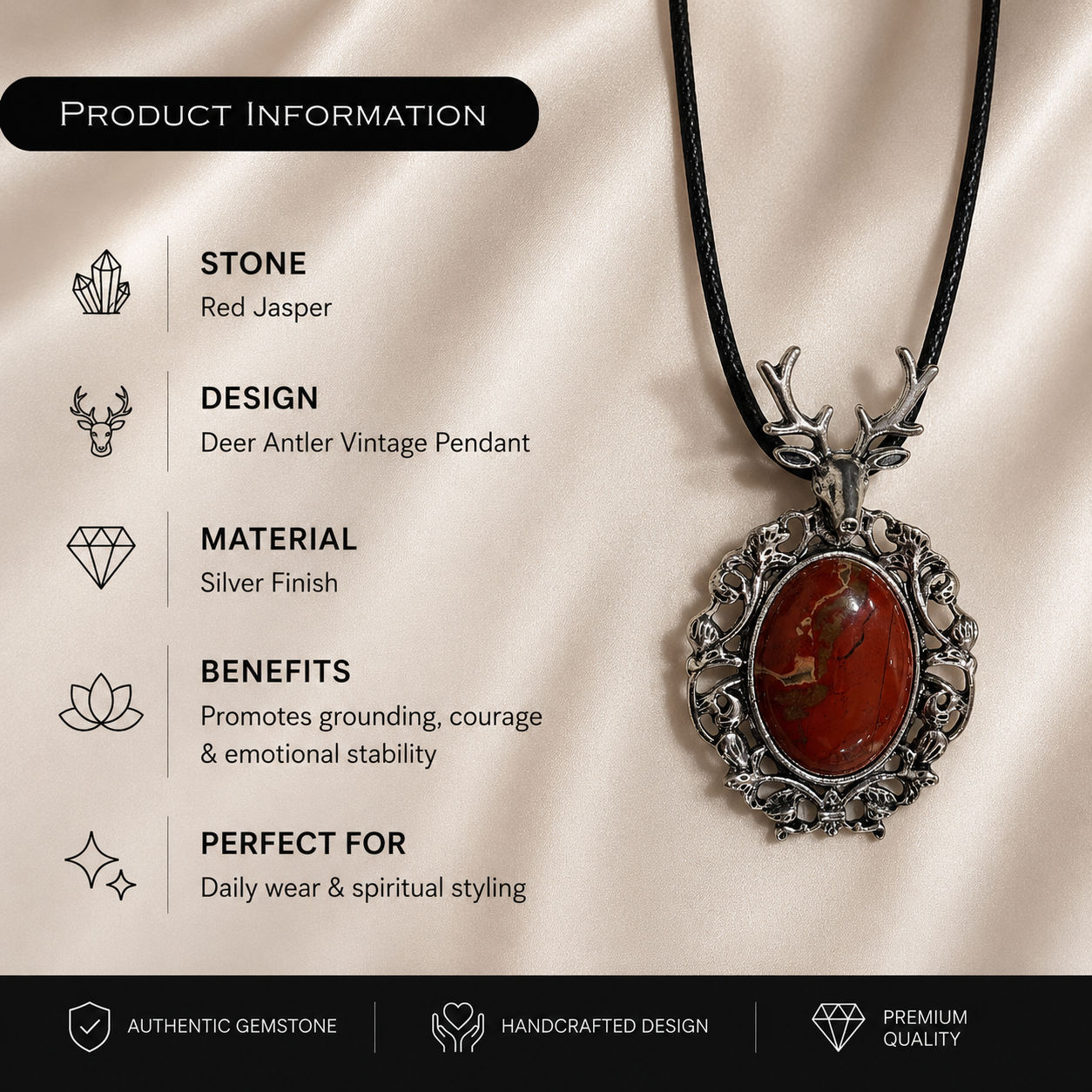 Terranova Red Jasper Crystal Pendant – Vintage Deer Spirit Necklace, Strength & Stability Symbol 25 gm